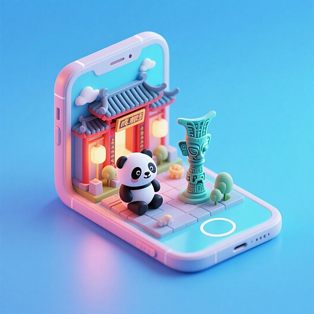 一个手机创意微缩场景，手机平放，侧面对着观众，手机俯视角度，立体的成都景观从屏幕内出来，有熊猫，三星堆，武侯祠，整体色调立体魔幻。青色背景。具有梦幻感,打光营造出柔和氛围强调梦幻和未来感的美学。