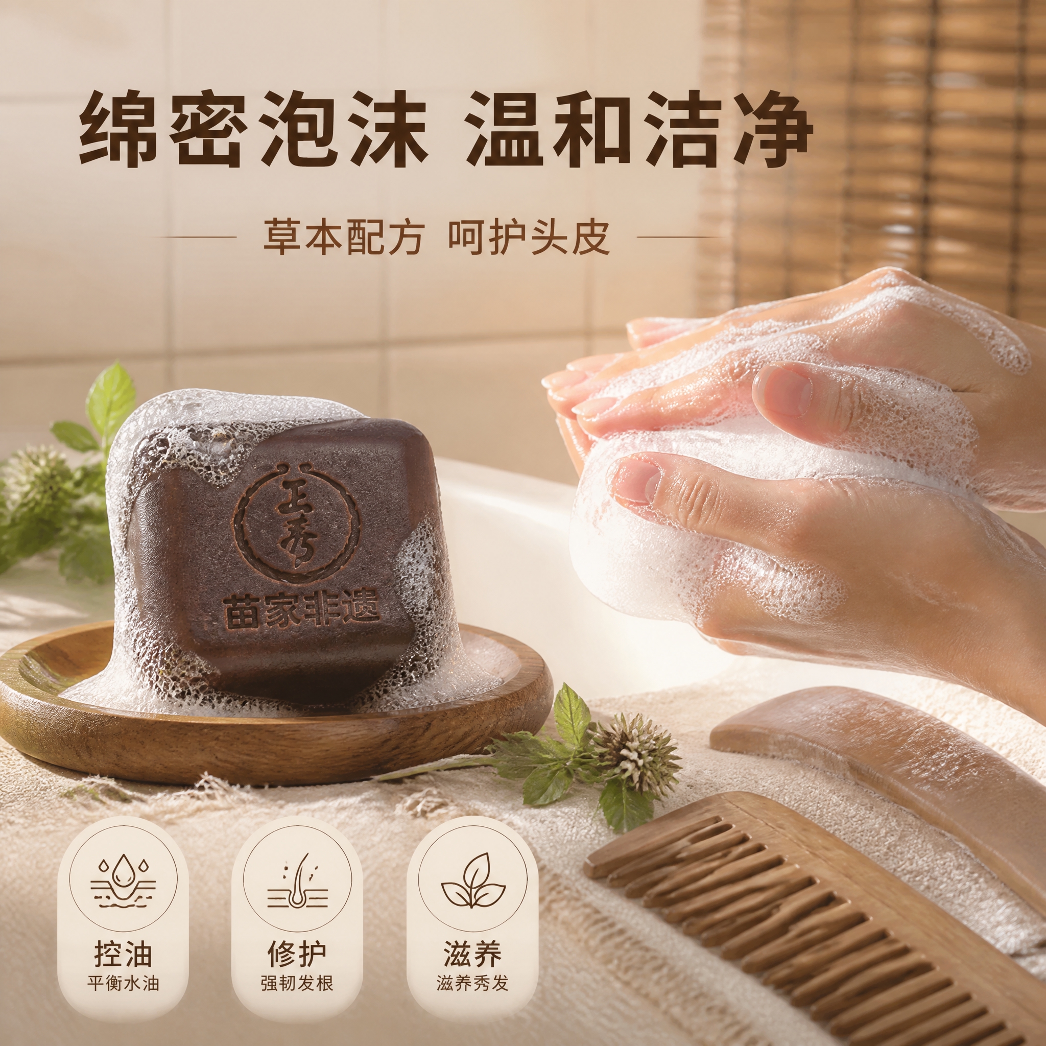 [主图-3] 质地与使用展示 养发皂泡沫质地 手工皂温润质感… - 图片创意预览