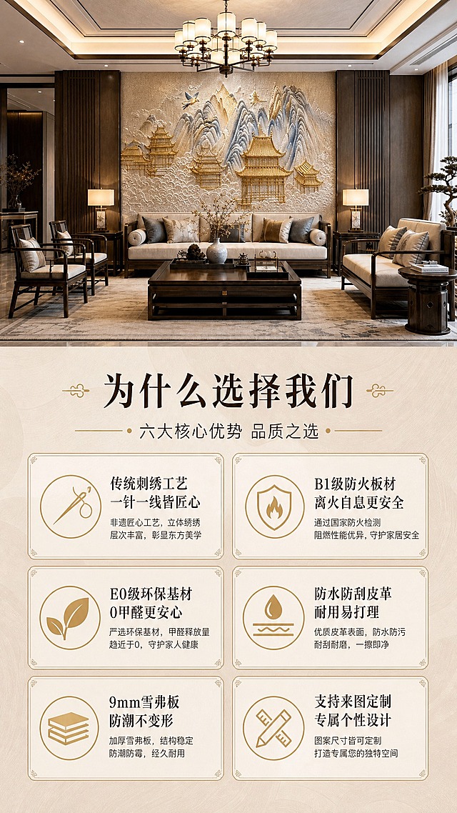 [商品] 使用【图3】云阙宫山款刺绣硬包背景墙场景图作为视觉主图；保留金蓝宫阙仙山刺绣图案、米金配色、新中式客厅场景；增强背景墙的高端质感呈现。
[画面] 目标：总结6大选择理由，强化购买信心。构图：上半部分40%为云阙宫山款客厅大场景，背景墙居中展示；下半部分60%为6大优势图标矩阵，2列3行排布，每个优势配图标+标题+简短说明。整体阅读动线：先看场景效果，再读选择理由。
[视觉] 套系策略：风格=新中式高端雅致商业摄影；标题字=宋体衬线粗体；正文字=简洁黑体；主色=米棕+深木色；背景延展=基于米棕咖色做深浅层级、同色渐变和细腻宣纸/木纹质感；强调色=暗金色，仅用于小面积图标、引线、标签和装饰线条；标题色=深棕黑；正文色=暖深灰；组件=圆角优势卡、线性图标、细金线分割、中式装饰角花；光影=上半场景暖光氛围，下半信息区明亮清晰。
[文字] 主标题"为什么选择我们"，副标题"六大核心优势 品质之选"；6个优势："传统刺绣工艺 一针一线皆匠心""B1级防火板材 离火自息更安全""E0级环保基材 0甲醛更安心""防水防刮皮革 耐用易打理""9mm雪弗板 防潮不变形""支持来图定制 专属个性设计"；所有文字横向排版，字号保证手机端可读。
[规格] 图片比例9:16竖版，分辨率2K，避免变形、错字、文字过小、图标模糊、场景比例失调。