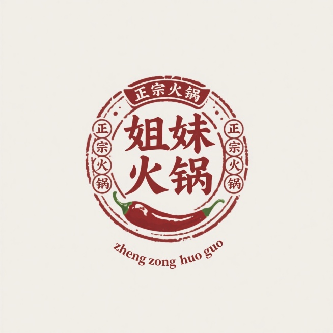 餐饮logo设计，篆书复古复刻文字, “姐妹火锅”，古朴的仿篆书风格，文字排版艺术，结合复古图章、辣椒，徽章排版形式，艺术构图，精致小巧的字符“正宗火锅”“zheng zong huo guo”在周围预览效果