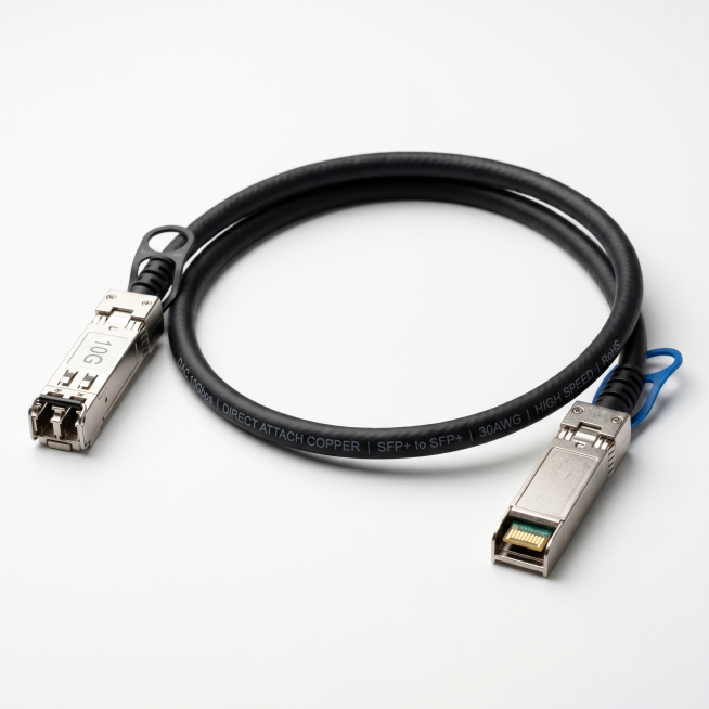 Product photography of a single DAC direct attach copper cable, thick cable, silver SFP connectors a预览效果
