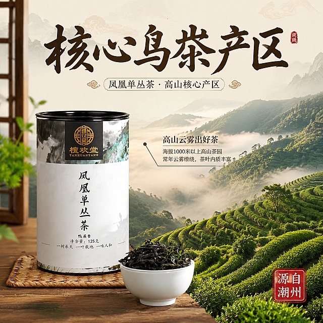 [主图-2] 凤凰单丛茶核心产区展示，国潮风格。
[氛围风格] 自然山野意境，体现核心产地品质
[画质] 商业摄影质感、光线柔和通透、产品清晰真实、画面干净高级
[元素] 左侧放置凤凰单丛茶铁罐产品，保持产品外观与输入图一致，右侧拼接乌龙茶山产区实景，翠绿茶山云雾缭绕，突出产地优势。保持产品清晰不变形，整体构图为国潮拼接风格。
[光影] 自然暖阳漫射光线，茶山部分明亮通透，产品部分光线均匀
[配色] 主色调为茶青绿、赭石色，国潮自然配色
[视角构图] 左产品右风景的分割构图，产品完整风景舒展
[文字版式] 顶部大字体“核心乌岽产区”，书法字体；画面中部用引线标注“高山云雾出好茶”，小字说明产地海拔优势；右下角红色印章“源自潮州”。文字排版清爽，不遮挡主体。
[输出要求] 1:1比例，文字清晰可辨，超高清商业摄影质感
[负向提示词] 变形，文字错乱，产品图模糊，背景杂乱，水印，电商平台Logo