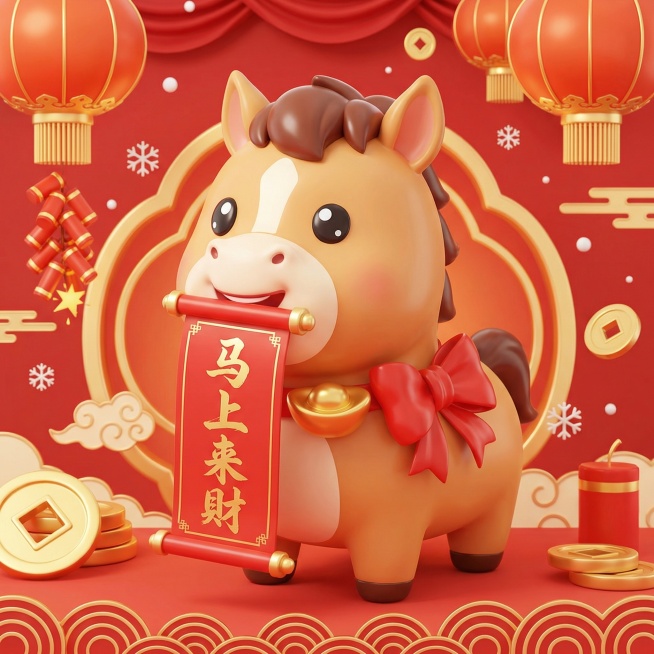 C4D渲染，Q版，带有新年元素，卡通风格，一匹可爱的马，嘴里咬着红色卷轴，卷轴上写着“马上来財”的金色毛笔字，红色背景，预览效果
