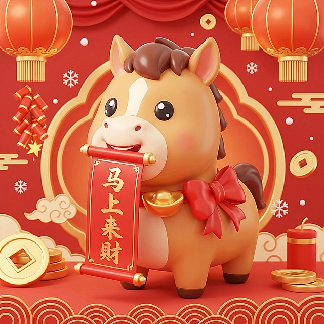 软3D风格卡通小马，拟人化设计，手持“马上来财”卷轴，配以鎏金元素与节日装饰，喜庆可爱，充满春节氛围。