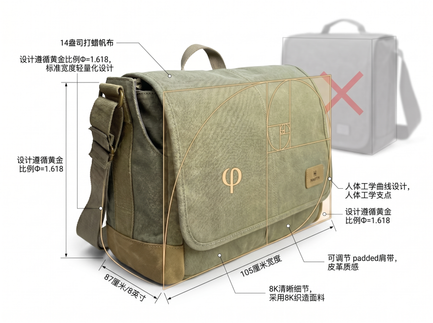 将图中的所有英文标注替换为对应的中文翻译，内容如下：
14盎司打蜡帆布
设计遵循黄金比例Φ=1.618，标准宽度轻量化设计
设计遵循黄金比例Φ=1.618
人体工学曲线设计，人体工学支点
设计遵循黄金预览效果