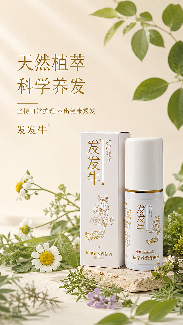 [第8屏] 信任收尾-品牌护理理念温馨展示。
[氛围/风格] 自然温馨，品牌收尾，传递天然养护理念。
[元素布局] 产品瓶子和包装盒摆放在画面中下偏右位置，保持外观颜色和原图一致。背景散落多种草本植物叶片和花朵作为装饰，左侧留出标题和文案位置。整体构图平衡，氛围自然舒适。
[光影质感] 柔和均匀光线，整体温暖舒适，产品清晰突出。
[配色色系] 全局底色：#F8F5F0；产品白色瓶身+金色文字，草本绿色点缀，整体色调和前七屏保持统一。
[视角构图] 产品中下偏右，文字左上，背景装饰自然散落，不拥挤不杂乱。
[文字版式] 左上主标题"天然植萃 科学养发"，副标题"坚持日常护理 养出健康秀发"，下方放置品牌名"发发牛"，文字左对齐，排版舒适，不遮挡产品主体。
[比例分辨率] 9:16 竖版比例，2k分辨率，文字清晰可辨，超高清。
[负向提示词] 产品变形，文字错乱，背景杂乱，极限词，虚假宣传。