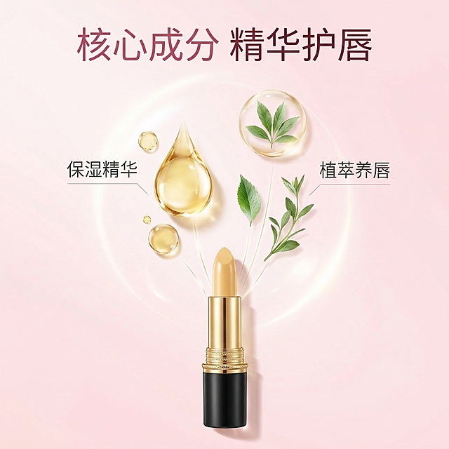 [垫图] https://gdesign-dam-hz.dancf.com/35896190281033791/bafa428f809e4f2c817e3ed968f6944e.jpg
[主图主题] 口红核心卖点成分解析
[氛围/风格] 精品舒适 纯净科技 通透水润
[画面元素] 口红产品放置在画面底部居中位置，画面上方悬浮天然精华油滴和植萃叶片3D元素，纤细引线连接元素标注对应成分，背景为浅粉色渐变柔光背景，光影通透干净，元素排布错落有致，背景铺满全屏无边框
[配色色系] 主色调浅粉，辅助色浅绿精华色、金色产品色，清新干净
[视角构图] 中心俯视构图，产品主体平稳，视觉焦点突出
[文字版式] 主标题 “核心成分 精华护唇”，每个成分元素旁小字标注 “保湿精华 植萃养唇”，字体采用纤细无衬线体，深粉色主标题，深灰色标注字，整体上方成分展示下方产品布局，排版透气清晰
[比例分辨率] 1:1 比例，2k 分辨率