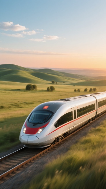 一列流线型设计的银白色高速列车正飞驰在铁轨上，车头红色的车灯醒目，车身线条流畅，车窗呈现深色玻璃质感。列车行驶在一片广阔的草原环境中，远处是连绵起伏的绿色丘陵，点缀着几丛低矮的树木，天空呈现出清晨或傍晚的渐变色彩，从地平线处的暖橙色逐渐过渡到上方的浅蓝色，点缀着少量的白色云朵，阳光洒在列车和草原上，形成明亮的高光和清晰的阴影，整体画面充满现代科技感与自然和谐之美，具有高度的写实主义风格和细腻的……预览效果
