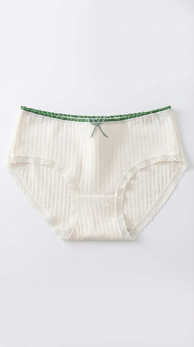 [Main Image 1] Pure white background, the product is women's cotton panties, the appearance of the product is completely consistent with the original picture, off-white main color, green trim waistband, small green bow decoration on the front, vertical texture, lace edges. The product is centered and occupies more than 85% of the picture, soft natural light, no text, no logo, no border, standard Amazon cross-border e-commerce main image, comfortable simple home healing style. Product texture and details are clearly displayed.