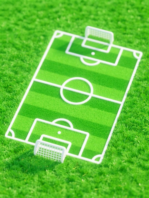 标准足球场俯视图，绿色草皮纹理清晰，白色线条勾勒出禁区、中场圈、球门等标准场地元素，软3d风格，简洁明快，色彩鲜明，元素边缘锐利，现代图标式设计感，适合体育宣传物料或数字界面设计。预览效果