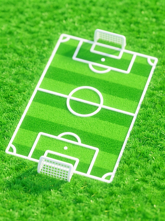 标准足球场俯视图，绿色草皮纹理清晰，白色线条勾勒出禁区、中场圈、球门等标准场地元素，软3d风格，简洁明快，色彩鲜明，元素边缘锐利，现代图标式设计感，适合体育宣传物料或数字界面设计。