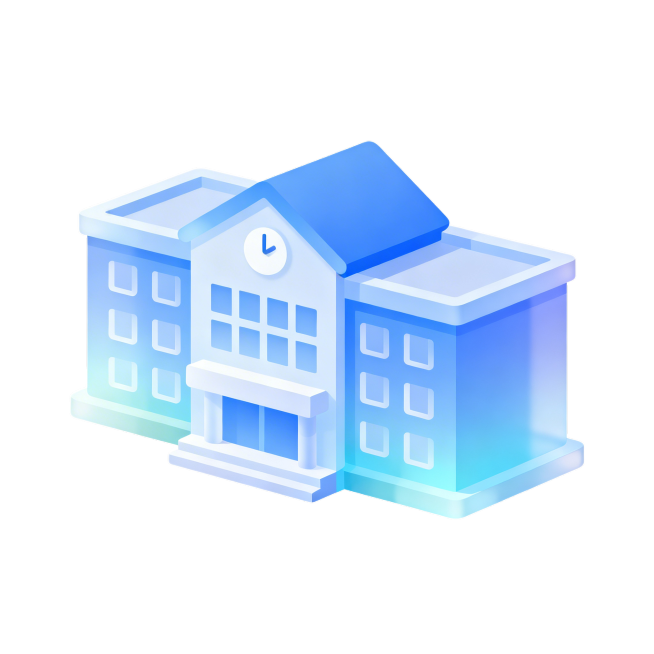 学校建筑图标，清新可爱扁平化风格，简洁简洁，低饱和度蓝色调，元素有通透渐变层次和立体质感，高辨识度现代化，纯白色背景，正面视角预览效果