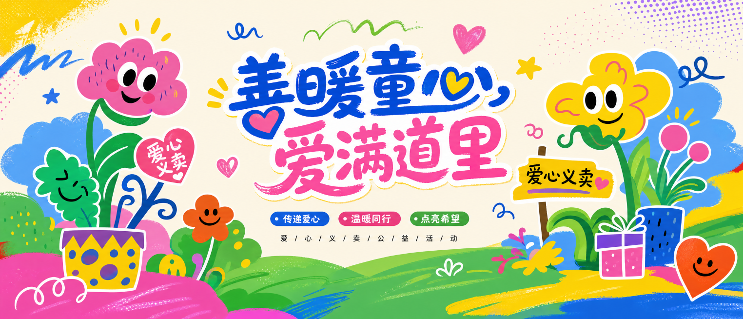 设计慈善爱心义卖活动形象墙，长15米高5米，主题“善暖童心，爱满道里”，参考参考图片的波普风风格配色与卡通风格，不直接使用原图。风格为明显涂鸦感，元素整体简洁不杂乱，波普风，整体色调明亮，不体现孩童形预览效果