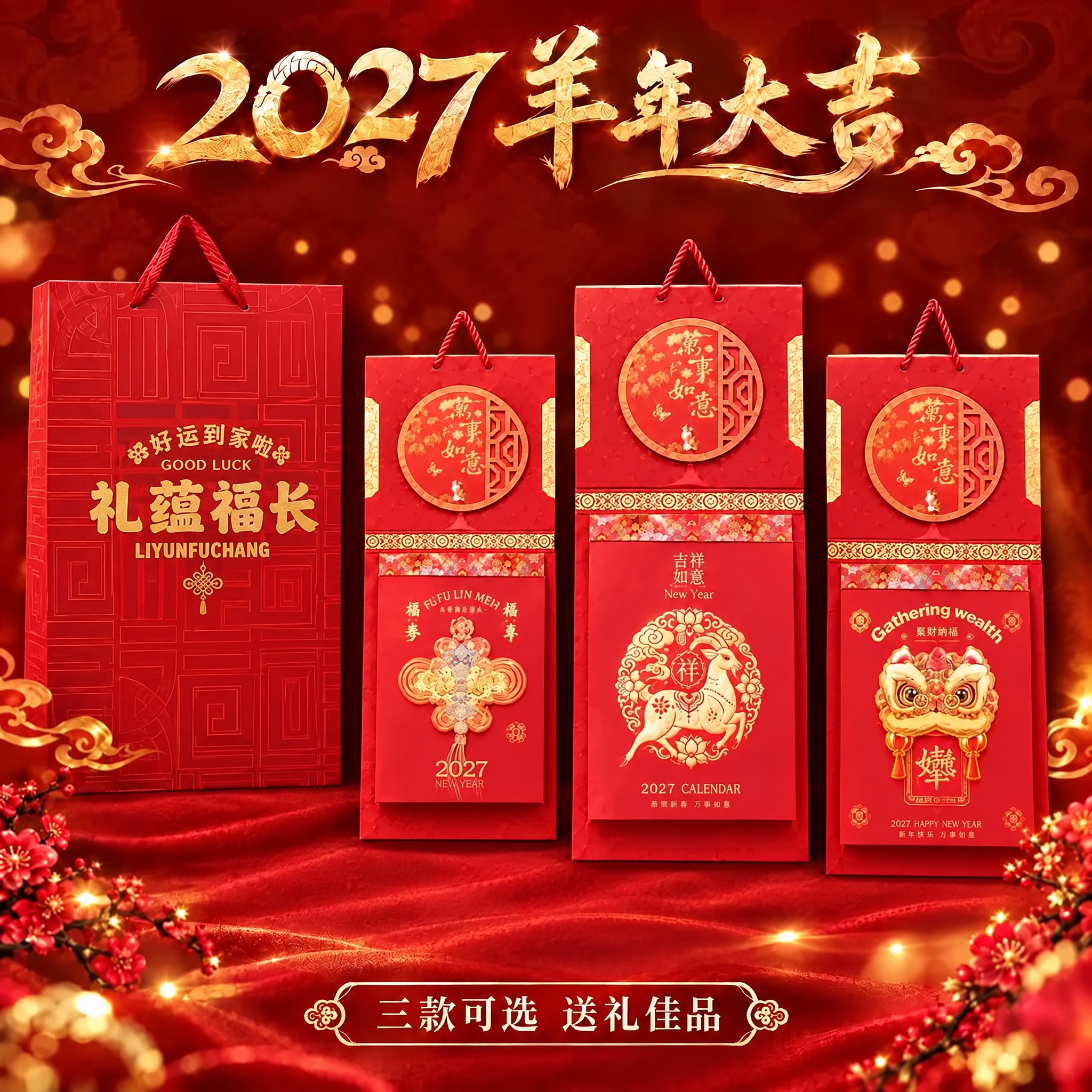 调整构图，让左侧的礼蕴福长礼袋完整展示出来，不要被前面的挂历遮… - 图片创意预览