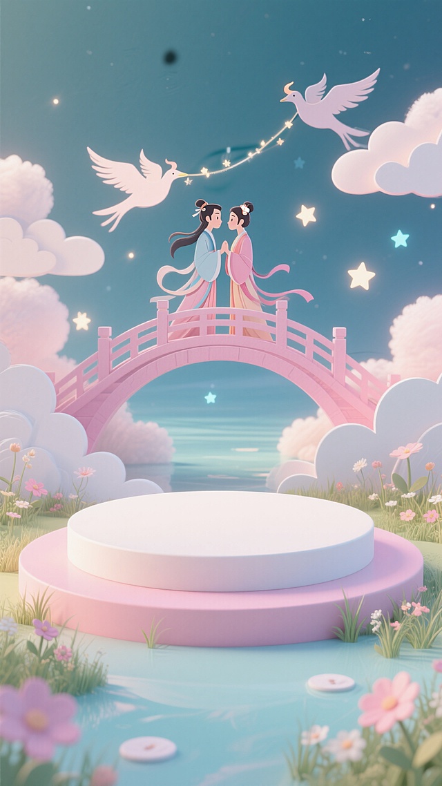 3D立体剪纸艺术，画面背景是牛郎织女在鹊桥上相会，画面前面有一个梦幻粉白色圆形空展台，一些云朵，星星，小草，鲜花点缀画面，画面通透明亮，柔和的光线，多巴胺配色，栩栩如生，明亮，艺术