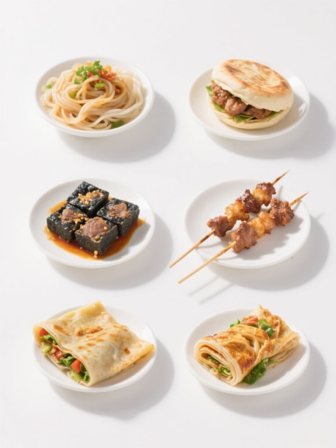 6个规整排布的中国传统小吃美食素材，包含凉皮、臭豆腐、肉夹馍、烤串、煎饼果子、烤冷面，采用简约现代的整体造型，纯白纯色背景，无任何文字，无logo，无水印，高清晰度，明亮光线，食物色彩鲜艳真实，食材细节清晰可见，阴影柔和自然，居中构图，每个小吃独立呈现且排布整齐有序。预览效果