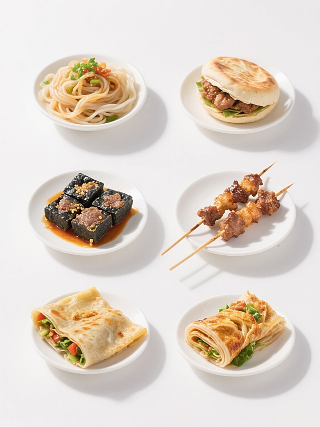 6个规整排布的中国传统小吃美食素材，包含凉皮、臭豆腐、肉夹馍、烤串、煎饼果子、烤冷面，采用简约现代的整体造型，纯白纯色背景，无任何文字，无logo，无水印，高清晰度，明亮光线，食物色彩鲜艳真实，食材细节清晰可见，阴影柔和自然，居中构图，每个小吃独立呈现且排布整齐有序。