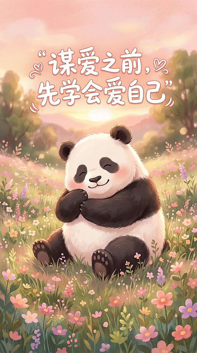 熊猫治愈风格，软萌熊猫抱着自己坐在开满鲜花的草地上，配文字“谋爱之前，先学会爱自己”，暖粉色调，温馨治愈