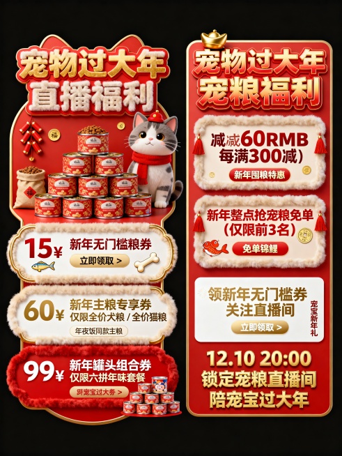 毛绒卡通风格宠物食品直播间双标签视觉设计，采用红 + 金 + 米新年喜庆高饱和撞色，满溢浓浓年味；左标签为红底金边宠物窝异形造型，为一个整体，顶部装饰 3D 堆积的红金纹新年款宠粮袋、堆叠成宝塔状罐头预览效果