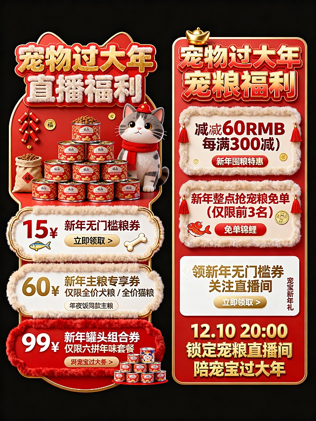 毛绒卡通风格宠物食品直播间双标签视觉设计，采用红 + 金 + 米新年喜庆高饱和撞色，满溢浓浓年味；左标签为红底金边宠物窝异形造型，为一个整体，顶部装饰 3D 堆积的红金纹新年款宠粮袋、堆叠成宝塔状罐头塔，点缀毛绒质感红色小鞭炮与金色小福字，核心大字 “宠物过大年 直播福利” 以红金渐变立体字呈现，字体边缘带毛绒绒边效果，字右侧黏附 1 个戴红色小围巾的 3D 卡通猫头，下方三层新年礼券模块均带金色描边、米白色底衬与圆润毛绒处理，第一层是 “15¥ 新年无门槛粮券 立即领取 >”（红金撞色，旁缀迷你卡通骨头 / 小鱼干图标），第二层是 “60¥ 新年主粮专享券 仅限全价犬粮 / 全价猫粮”（米白色底配金色字体，标注 “年夜饭同款主粮” 小字），第三层是 “99¥ 新年罐头组合券 仅限六拼年味套餐”（红色底配金色字体，旁缀 3D 卡通罐头堆叠图案）；右标签为红底金边矩形造型，顶部核心大字 “宠物过大年 宠粮福利” 为红金渐变立体字，字左侧黏附 1 个顶金色小福帽的 3D 卡通猫头，下方三个新年福利模块均带红色小流苏装饰与毛绒卡通边框，第一层是 “减 60RMB 每满 300 减（上不封顶）”（红金撞色，字体放大加粗，标注 “新年囤粮特惠” 小字），第二层是 “新年整点抢宠粮免单（仅限前 3 名）”（红色字体突出，旁缀 “免单锦鲤” 金色小印章图案），第三层是 “领 新年无门槛券 关注直播间 立即领取 >”（米白色底配金色字体，加 “宠宝新年礼” 字样），底部以金色加粗字体醒目标注 “12.10 20:00 锁定宠粮直播间 陪宠宝过大年”。背景为纯黑色。