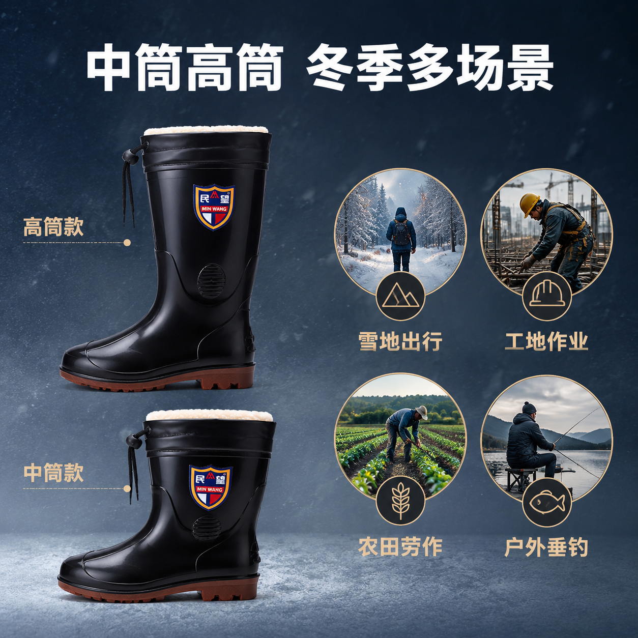 [主图-4] 民望男款冬季加棉雨鞋中筒高筒对比+多场景适用展示… - 图片创意预览