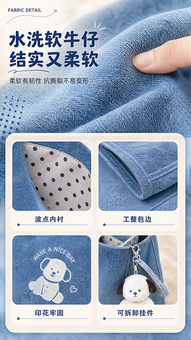 [商品] 使用【图1】双面牛仔托特包；商品处理：保留牛仔蓝色、水洗软牛仔面料、敞口大托特包型、加宽肩带、波点内衬、整体版型结构与缝线细节；放大面料纹理细节，增强牛仔布织纹质感与波点内衬清晰度，不改变材质和颜色。
[画面] 目标为面料工艺细节页，展示水洗软牛仔材质与工艺细节；竖版构图，上方主视觉为牛仔面料微距特写，手指轻触面料展示柔软质感，占画面约40%；下方2×2宫格展示4个细节：波点内衬、工整包边、牢固印花、可拆卸卡通挂件；背景为浅米色布料质感，整体层次丰富。
[视觉] 套系策略：风格=韩系学院风清新商业画报；标题字=思源黑体粗体带轻微手写感装饰；正文字=思源黑体常规体；主色=牛仔蓝；背景延展=基于牛仔蓝做深浅渐变、同色系层次与自然户外光影质感；强调色=米白色，仅用于小面积标签、引线和英文装饰；标题色=深牛仔蓝；正文色=深炭灰；组件=圆角米白底信息卡、细蓝线引线、波点装饰元素；光影=左前侧暖调自然光，柔和通透。
[文字] 顶部主标题"水洗软牛仔 结实又柔软"，副标题"柔软有韧性 抗撕裂不易变形"；下方4个宫格分别配短标签"波点内衬""工整包边""印花牢固""可拆卸挂件"；左上角小号英文"FABRIC DETAIL"；所有文字横排，不遮挡面料主体。
[规格] 图片比例9:16竖版，4K，避免变形、错字、文字过小、冷蓝灰背景、材质失真、颜色改变、极限词。