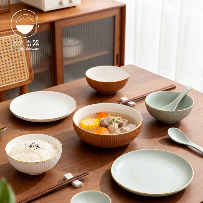 将图片左上角替换成沐光食器品牌LOGO，就是https://0.jpeg这张图里的LOGO，保持整体风格不变，餐具套装画面不变，只替换LOGO为指定的沐光食器LOGO预览效果