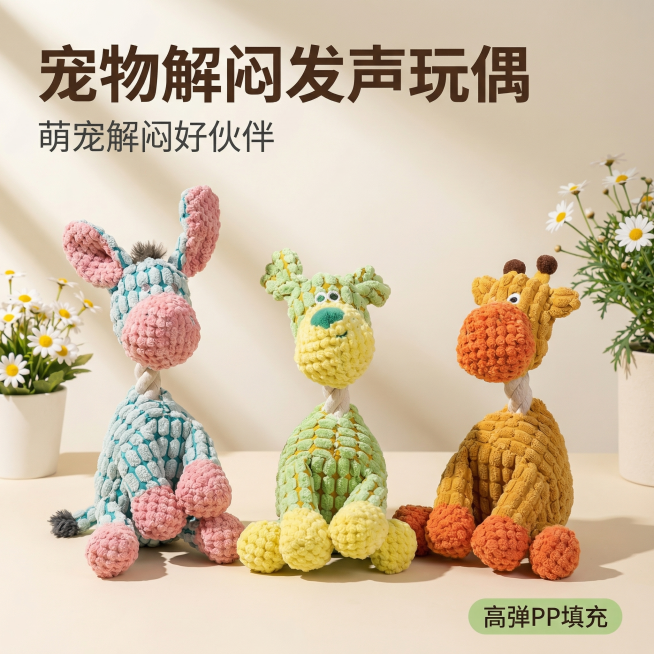 [主图 1] 宠物解闷玩偶卖点首图
[氛围风格] 温馨舒适家居治愈风
[画面元素] 商业摄影质感、光线柔和通透、产品清晰真实、画面干净高级。三只不同颜色的宠物解闷玩偶居中放置在干净治愈的家居场景中，阳预览效果