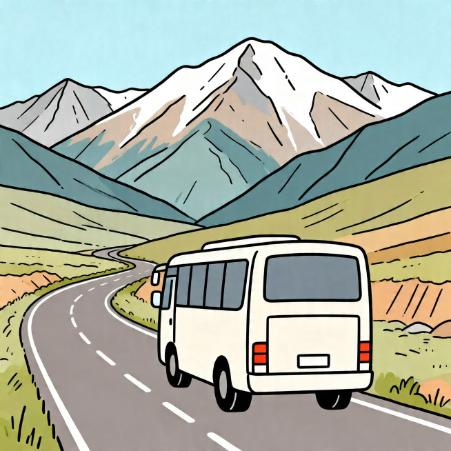 一辆正在路上行驶的旅行车，卡通简笔画风格，背景是西北高原山脉，简约线条勾勒出公路和高山地貌，整体画面干净简洁预览效果