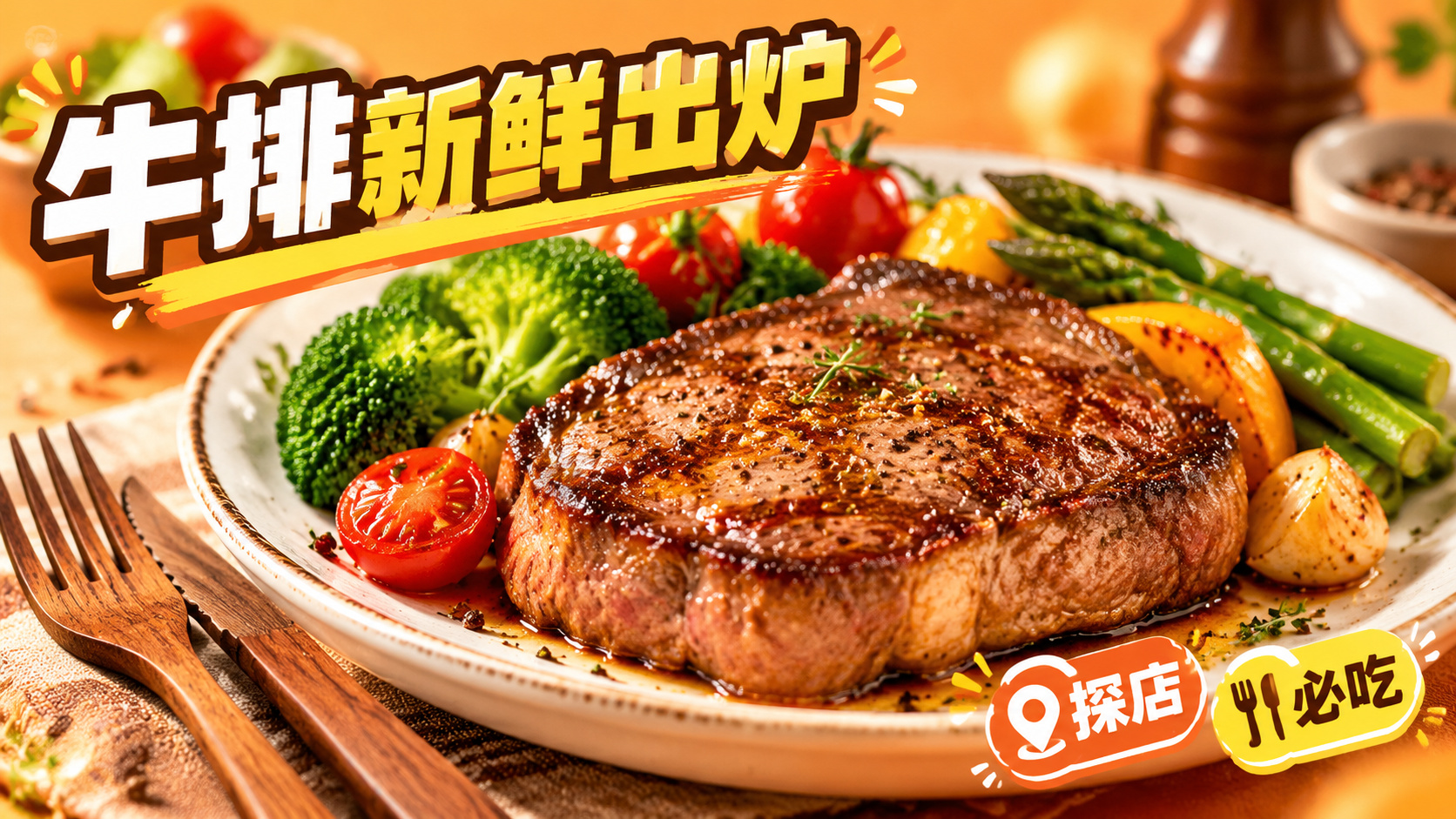 活力美食风格，暖橙色渐变背景，画面中心是一盘色泽诱人的煎牛排，… - 图片创意预览