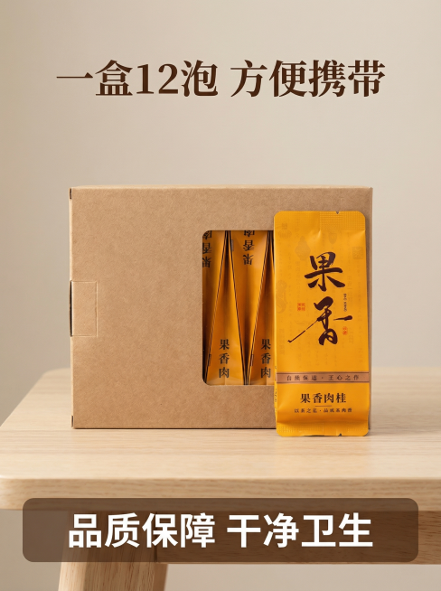 [主图 5] 果香肉桂完整礼盒包装展示
[主图主题] 果香肉桂完整礼盒包装主图
[氛围/风格] 规整清晰，所见即所得，突出产品性价比
[画面元素] 保持原包装完整未开盖，牛皮纸礼盒搭配独立橙黄色泡袋，预览效果