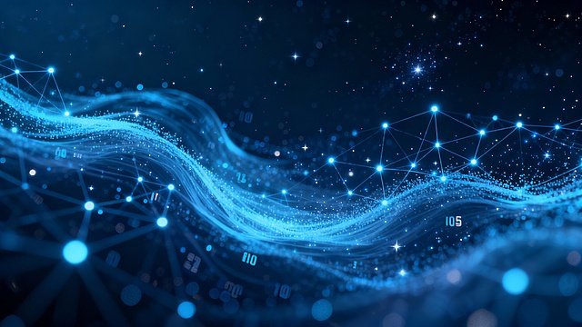 Abstract crypto data universe, flowing light particles, digital constellations, deep space background, glowing network nodes, cinematic sci-fi style, elegant and calm atmosphere, ultra detailed, no symbols, no text