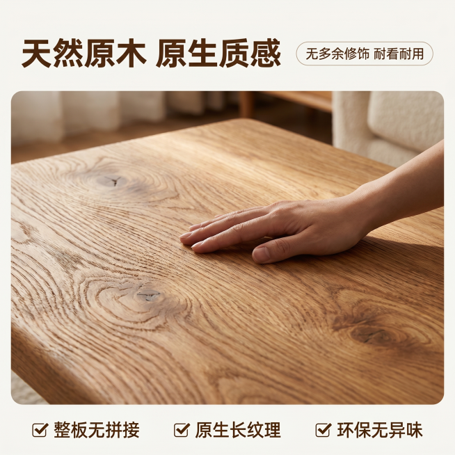 [主图 3] 实木桌面板天然木纹材质细节展示。
[氛围风格] 温馨舒适家居治愈风；
[画质] 商业摄影质感、光线柔和通透、产品清晰真实、画面干净高级。
[元素] 全屏放大展示实木桌面板的天然木纹纹理，预览效果