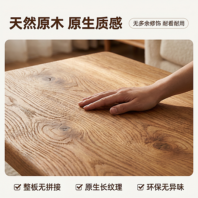 [主图 3] 实木桌面板天然木纹材质细节展示。
[氛围风格] 温馨舒适家居治愈风；
[画质] 商业摄影质感、光线柔和通透、产品清晰真实、画面干净高级。
[元素] 全屏放大展示实木桌面板的天然木纹纹理，加入一只手轻轻抚摸桌面，突出原木原生凹凸质感，保持木材纹理和颜色与输入产品图一致，精细化处理。商品主体占画面90%，全屏无边框，突出材质细节。
[光影] 侧光打亮木纹凹凸肌理，形成自然阴影层次，突出木材真实质感，光影柔和不刺眼。
[配色] 主色调就是实木本身自然暖棕纹理，天然真实色彩。
[视角构图] 微距特写平视视角，聚焦木纹细节。
[文字版式] 顶部左侧写主标题「天然原木 原生质感」，深棕色加粗；右上角放胶囊标签「无多余修饰 耐看耐用」，浅色底深棕色字；底部三个小图标配短句：✓ 整板无拼接 ✓ 原生长纹理 ✓ 环保无异味，横向均匀排列，文字清晰不遮挡纹理。
[比例分辨率] 1:1 比例，2k 分辨率；文字清晰锐利，画面超高清。
[负向提示词] 变形，水印，文字错乱，产品图模糊，背景杂乱，牛皮癣，配色刺眼，遮挡主体。