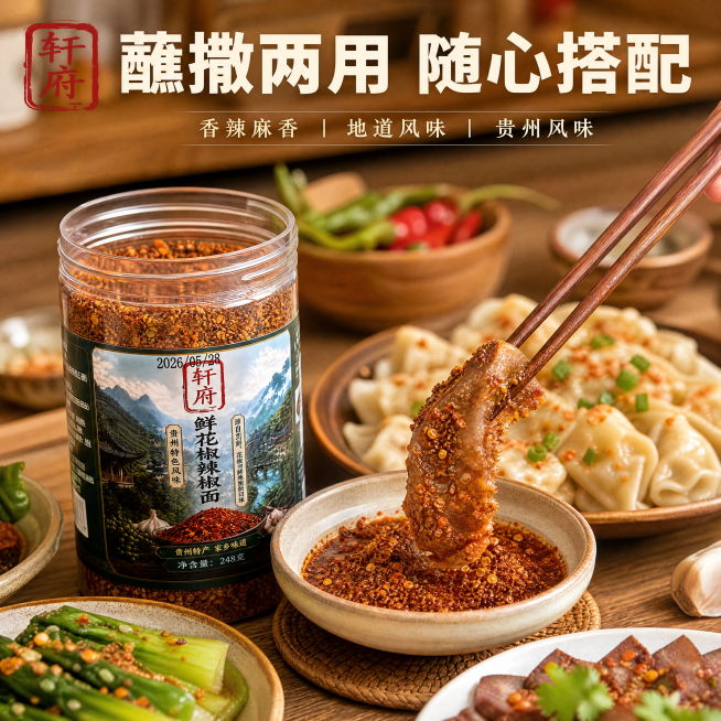 [主图-4] 贵州辣椒面食用场景展示图。
[氛围风格] 生活化真实场景，自然代入感。
[画质] 商业摄影质感，光线自然通透，保持辣椒面产品外观与输入产品图一致，杜绝变形色差。商品主体占比合理，画面满屏预览效果