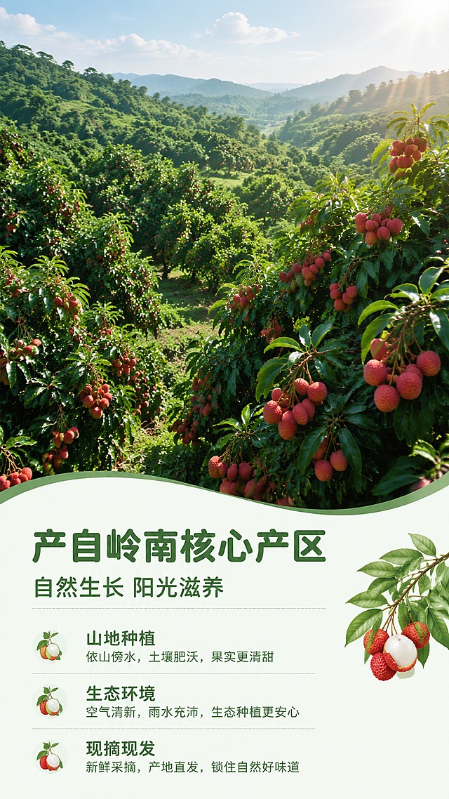 [第2屏] 产地优势展示屏-岭南天然果园产地。本屏使用【图1】荔枝实景参考。
[氛围/风格] 自然田园风，郁郁葱葱荔枝林实景，清新治愈氛围。
[元素布局] 上半部分为荔枝园林全景展示，占据画面70%区域，郁郁葱葱荔枝树挂满果实；下半部分为文字说明区。荔枝产地环境开阔，天然生长，阳光充足，突出生态种植优势。
[光影质感] 自然漫射光，整体明亮舒适，层次清晰，突出生机勃勃果园状态。
[配色色系] 全局底色 #F2F9F0；主色为深绿园林色；辅助色为白色文字块。
[视角构图] 俯视全景视角，从上到下阅读动线，全景展示+底部文字块的版式结构。
[文字版式] 顶部圆角黑体主标题「产自岭南核心产区」，副标题「自然生长 阳光滋养」，左对齐排列；下方三点卖点：「山地种植 | 生态环境 | 现摘现发」，分三行排列，搭配小果叶图标；全套使用圆角黑体，保持深绿字色，清晰不遮挡全景画面。
[比例分辨率] 9:16 竖版比例，4K分辨率，文字清晰可辨，高清画质。
[负向提示词] 场景杂乱，文字过小，颜色偏差，水印