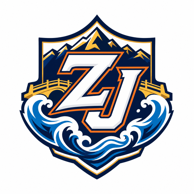 浙江省队LOGO设计，包含字母ZJ，美式体育风格，整体凸显团结，融入浙江地域元素，色彩鲜艳丰富，干净纯色背景，LOGO整体完整居中，四周留白，美式运动队徽风格，线条硬朗有力量感，配色明快动感，设计体现预览效果