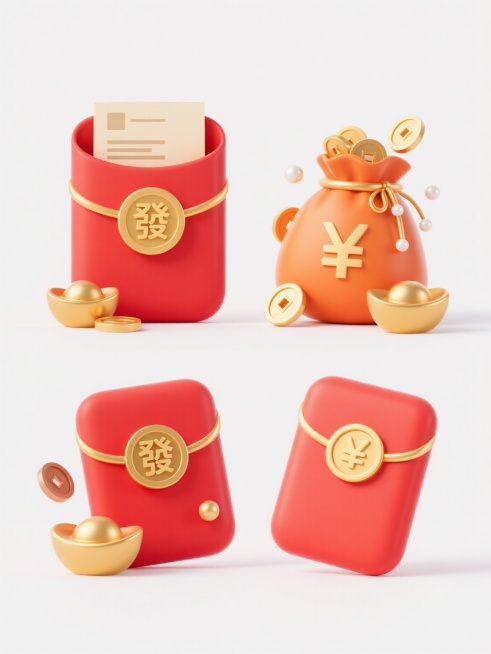 一套4个规整排布的电商营销素材，简约现代风格，纯白色背景，无任何文字、logo和水印。第1个为原红色红包主体；第2个：红色立体红包，正面圆形金色“發”字，红包口露出米色票据，旁边搭配金色元宝和铜钱，传递富足且带有福利的感觉；第3个：红色主体红包，正面圆形金色“發”字，旁边装满金元宝的橙色钱袋，金色铜钱点缀，洋溢新春招财进宝的气息；第4个：两个红色红包，边缘金色装饰，正面圆形人民币符号标识，周围……预览效果