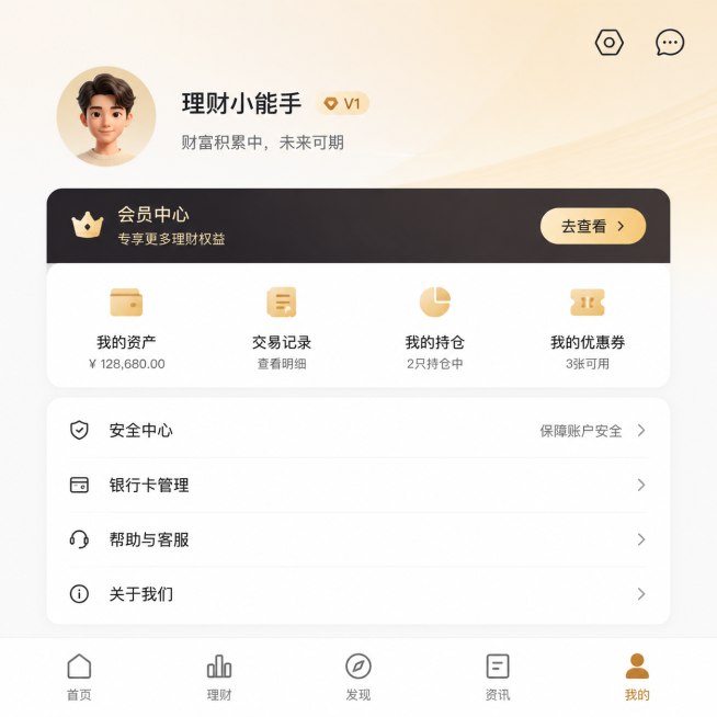 金融APP个人中心页面，展示用户头像、昵称、功能菜单入口，整体风格统一简约现代预览效果