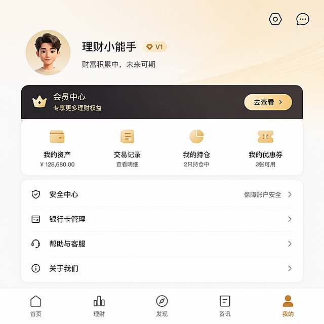 金融APP个人中心页面，展示用户头像、昵称、功能菜单入口，整体风格统一简约现代