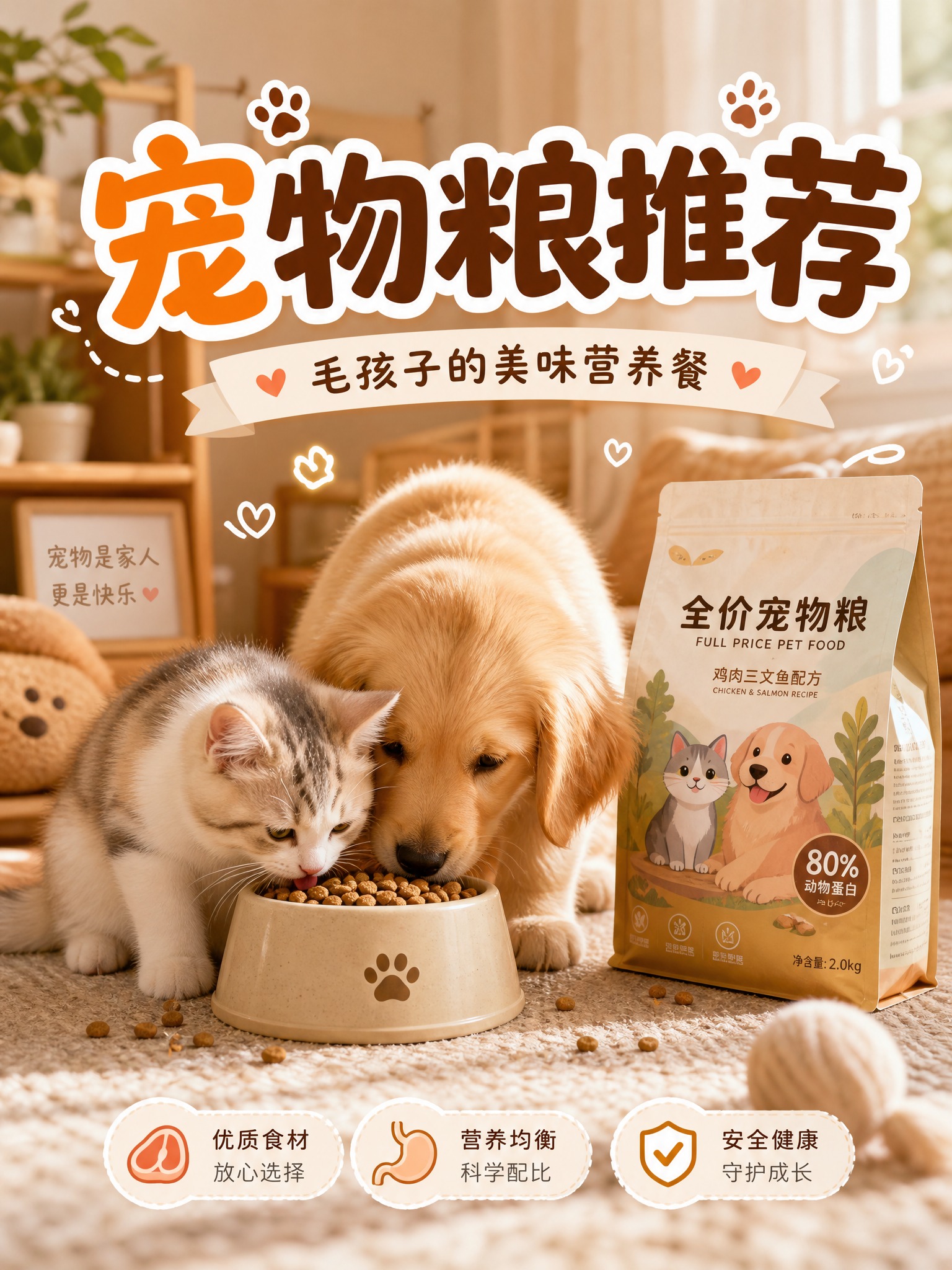 小红书封面，宠物粮推荐主题，竖版构图，画面中央有一只可爱的猫咪… - 图片创意预览