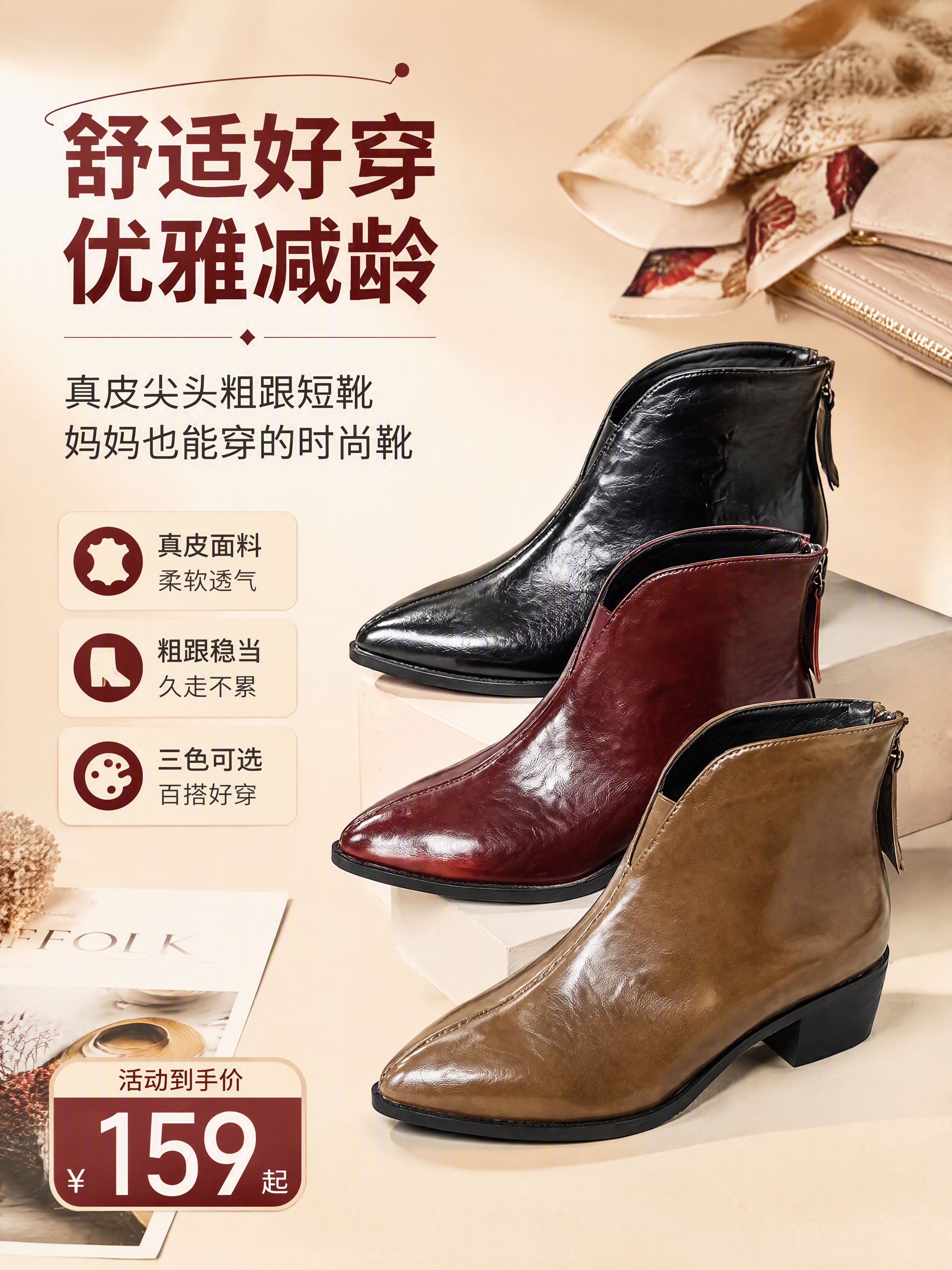 [商品] 使用【图3】三色尖头粗跟短靴（黑色、酒红色、卡其棕）… - 图片创意预览