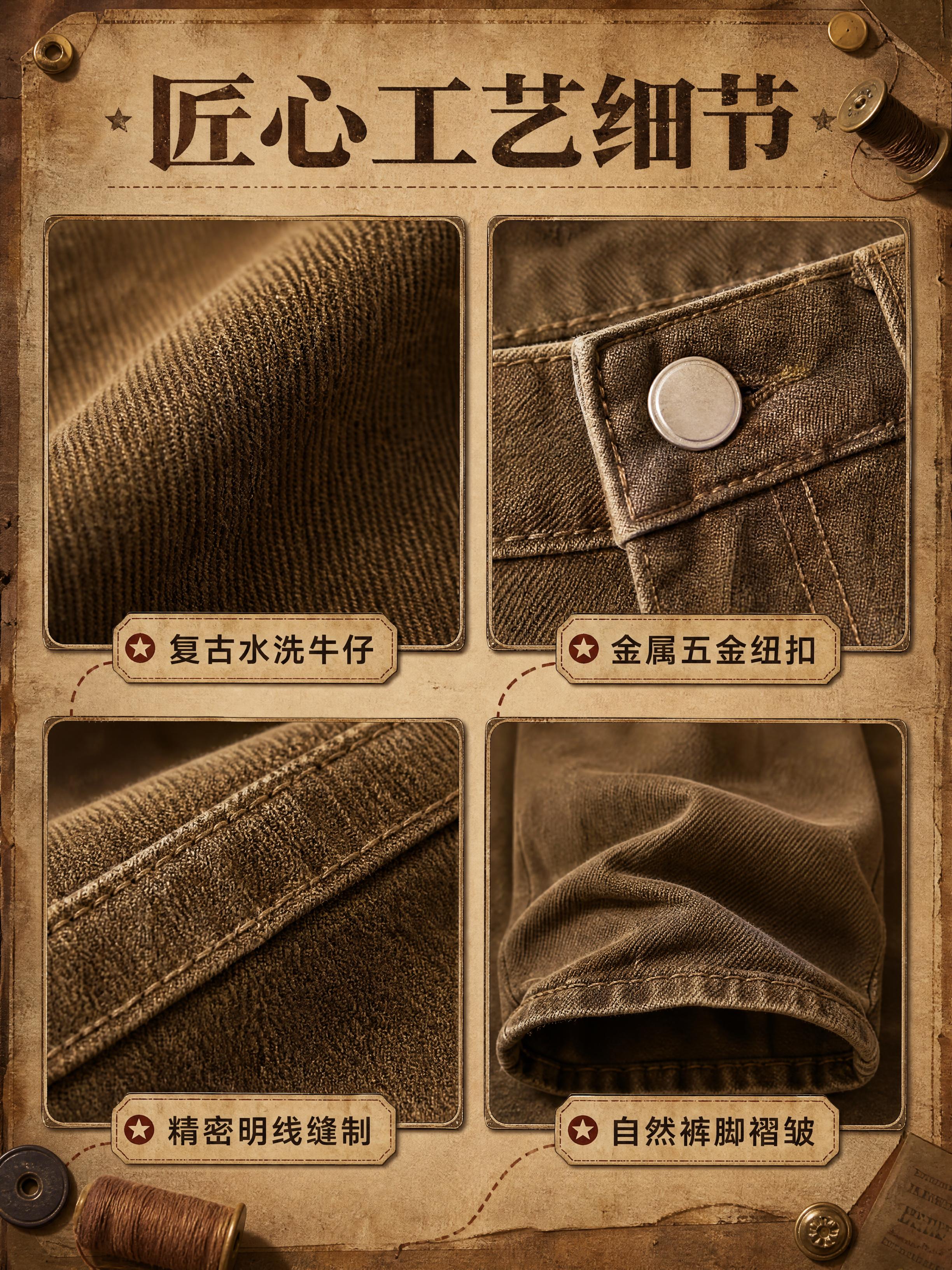 [商品] 使用【图1】美式复古弯刀牛仔裤；商品处理：保留棕色卡… - 图片创意预览