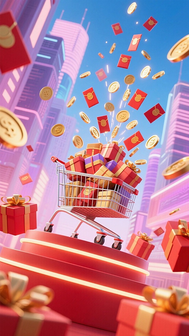 核心主体是购物车置于带灯条的红色展示台上，车内及周围堆满礼物盒，向空中放射的无数红包、金币飘落四周，背景是发光的未来感城市建筑。以暖色调为主，大量红色搭配粉色、紫色和蓝色天空形成对比，仰视角度