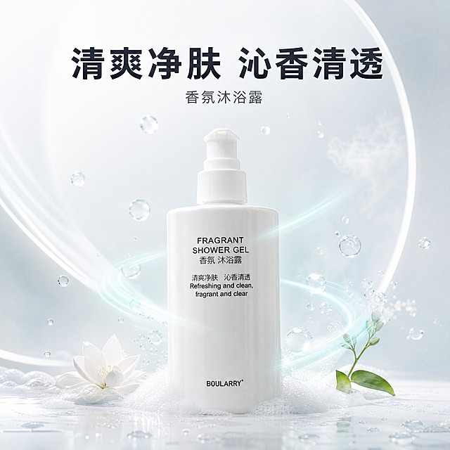 [主图-2] 核心卖点图：用通感画面把"清爽净肤 沁香清透"的沐浴体验视觉化，证明清爽洁净与清新香气；本张只承担清洁与香氛感受这一个购买结论，不展开材质、容量与定位信息。
[统一基调] 简洁清爽的高端洗护视觉：浅白到淡青白的干净渐变背景，带极简弧线造型与柔和光影，高亮通透、留白充足；主标题用深墨蓝黑现代无衬线粗体，辅助文字用中灰同款无衬线小字，清透水青仅作图标、水珠或数据高亮的小面积点缀；统一使用细线圆角标签卡与简洁线条图标，不出现厚重色块通栏和边框。
[画面] 白色按压泵头香氛沐浴露保持原图外观、结构、颜色与标签文字，居中偏下约占画面 55%；产品周围环绕晶莹水珠、细腻泡沫与轻盈水汽，清透水青的柔和弧线光晕从瓶身向外扩散，表现清爽沁香；背景为极简弧形墙面的浅白到淡青白渐变，台面有少量清水珠，道具克制干净。
[光影质感] 柔光商业摄影质感，清晨通透自然光，水珠与水汽轻盈透亮，瓶身哑光过渡与泵头高光清晰，接触影柔和，产品边缘无白底残留、无悬浮。
[配色] 浅白/淡青白背景；主标题深墨蓝黑；辅助文字中灰；清透水青用于水珠、泡沫与香气弧线点缀。
[文字版式] 主标题 "清爽净肤 沁香清透" 大字加粗，副标题 "香氛沐浴露" 缩小约 50%，横排无逗号；文字放在画面上方或左下负空间，不与水汽弧线和瓶身重叠。
[输出要求] 1:1 方形构图，文字清晰无错字，产品不变形、无色差、不悬浮；负向：变形、错字、模糊、杂乱、水印、平台 Logo、过度夸张特效、厚重色块。