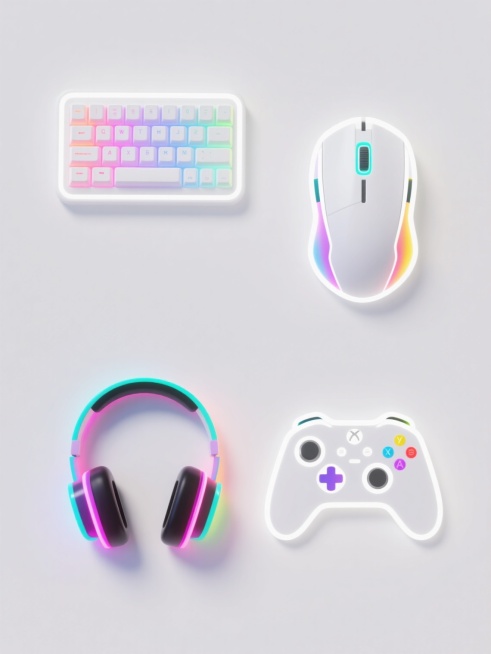 一组四个规整排布的电竞元素集合，保持白色纯色背景，每个元素均采用与原图一致的霓虹风格设计：白色线条勾勒轮廓，内部填充明亮的彩色渐变光效，呈现出强烈的赛博朋克感和科技感。第一个元素是机械键盘，白色轮廓，按键上有彩色霓虹光效；第二个元素是游戏鼠标，流线型设计，白色轮廓搭配彩色渐变光；第三个元素是头戴式游戏耳机，耳罩部分有霓虹灯光效果；第四个元素是游戏手柄，与原图风格统一，白色线条勾勒，按钮处有彩色……预览效果