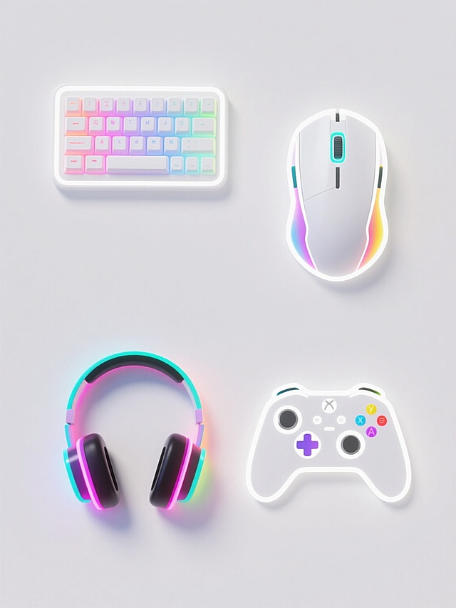 一组四个规整排布的电竞元素集合，保持白色纯色背景，每个元素均采用与原图一致的霓虹风格设计：白色线条勾勒轮廓，内部填充明亮的彩色渐变光效，呈现出强烈的赛博朋克感和科技感。第一个元素是机械键盘，白色轮廓，按键上有彩色霓虹光效；第二个元素是游戏鼠标，流线型设计，白色轮廓搭配彩色渐变光；第三个元素是头戴式游戏耳机，耳罩部分有霓虹灯光效果；第四个元素是游戏手柄，与原图风格统一，白色线条勾勒，按钮处有彩色霓虹光。所有元素排布整齐，间距均匀，整体视觉风格高度统一，充满电竞氛围和未来科技感。
