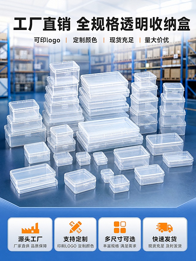 [商品] 使用【图1】透明PP塑料收纳盒多规格系列；保留所有盒体的透明PP材质、卡扣式盒盖、方正造型、不同尺寸规格的叠放结构；增强盒体通透质感和边缘高光，让产品更显精致，不改变原有结构和比例。
[画面] 页面目标：头图海报，突出工厂直销实力与全规格产品矩阵，建立B端采购信任。构图：上下分层，上半部分为虚化的现代化工厂仓库货架背景，中间区域整齐陈列多种尺寸的透明收纳盒形成产品矩阵阵列，部分叠放部分平铺，层次丰富；下半部分为信息区。主体占画面约55%，视角为略微俯视的45度角。阅读动线从上到下，先看工厂氛围再看产品再看核心卖点。前景：产品阵列；中景：整齐的收纳盒组合；后景：虚化的工厂货架与仓储环境。
[视觉] 套系策略：风格=1688 B端源头工厂风 干净通透工业品质感；标题字=无衬线粗黑体 厚重有力；正文字=简洁无衬线黑体 清晰易读；主色=工业蓝+透明本色；背景延展=基于工业蓝做深浅层级渐变 搭配浅灰与工厂环境虚化 同色系延展；强调色=亮橙色 仅用于小面积标签、图标和重点高亮；标题色=深炭灰；正文色=中灰；组件=细边框信息卡、工业风引线、圆角矩形标签；光影=左前侧柔和主光 透明盒体有自然透光和边缘高光 底部真实接触阴影。
[文字] 顶部大标题"工厂直销 全规格透明收纳盒"，副标题"可印logo 定制颜色 现货充足 量大价优"，底部信息条排列4个核心卖点图标+短句："源头工厂"、"支持定制"、"多尺寸可选"、"快速发货"。文字放在上下负空间，不遮挡产品主体，所有文字横排。
[规格] 图片比例3:4竖版，4K分辨率，避免变形、错字、文字过小、产品结构失真、悬浮感、杂乱背景、极限词、平台logo。