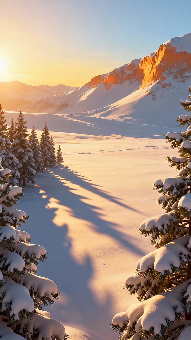 一幅宁静壮丽的冬季雪景，采用高精度3D渲染风格，画面以柔和的暖金色调为主，阳光从左上角斜射而下，在洁白无瑕的雪地上投下悠长、细腻的树影，形成强烈的明暗对比与视觉韵律；前景是覆盖厚雪的松树林，针叶细节清晰可见，雪层蓬松柔软，呈现自然积雪质感；中景为开阔雪原，地势平缓延伸至远方；背景是连绵起伏的雪山山脉，山体轮廓柔和，部分区域被阳光染成金橙色，天空由淡蓝渐变至日出方向的暖黄，整体光影过渡自然，氛围静谧祥和，充满冬日清晨的温暖诗意。
