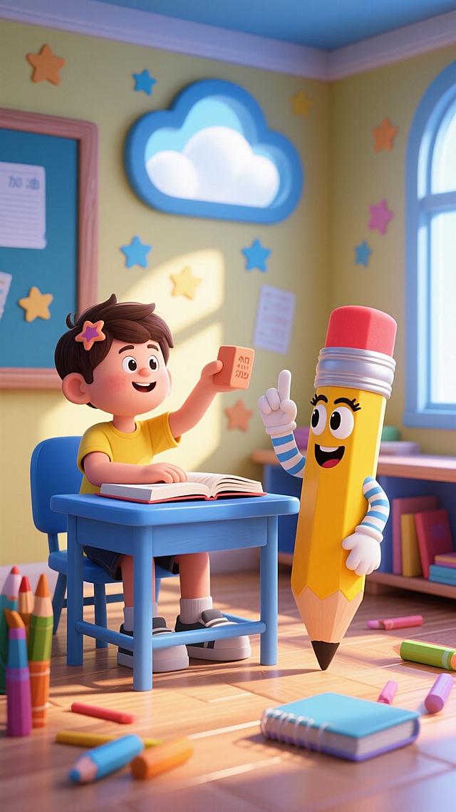 我是一名平面设计师，请生成一张小学生学习的画面，3D风格，高清画质，画面活泼生动，小学生课桌旁站着个拟人化的铅笔，两者有一定的互动性